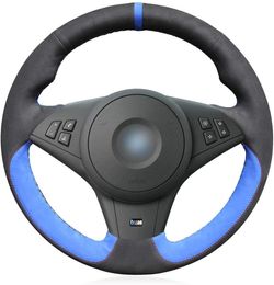 diy Auto Custom Blue Black Suede Steering Wheel Cover for BMW E60 M5 E63 M6 E64 2005-2010