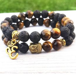 MG0770 Buddha Charm Meditation Yoga Bracelet Tiger Eye Lava Bead Bracelet Boho Om Charm Wrist Mala Bracelet Set