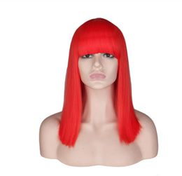 QQXCAIW Short Straight Cosplay Wig For Women Party Costume Red Blonde Blue Green Pink High Temperature Fiber Synthetic Hair Wigs