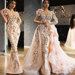 Major Beading Overskirts Prom Dresses One Shoulder Mermaid Evening Dress Detachable Train Crystals Beads Ruffles Full Sleeves robe de soiree