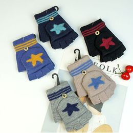 2020 New Pure Colour Style With Big Star Pattern Kids Warm Fingerless Gloves Changeable Mittens For 3-8 Years Old Student In Winter