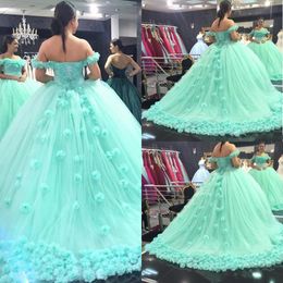 Green Wedding Dresses Princess Bridal Ball Gowns Off Shoulder Handmade Flowers Wedding Gowns Petites Plus Size Custom Made