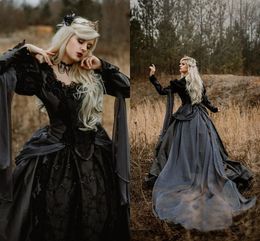 Gothic Sleeping Beauty Princess Mediaeval Black Ball Gown Wedding Dresses Long Sleeve Lace Applique Vintage Victorian Masquerade Bridal Dress