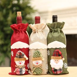 Taoup Flax Hemp Plaid Stripe Merry Christmas Wine Bottle Cover Ornaments Christams Table Decors Xmas Decor for Home Noel Navidad