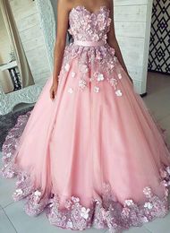 Pink Long Prom Dresses with Beading Flowers Ball Gown Tulle Appliques Lace Saudi Arabic Evening Dress Gown abiye gece elbisesi