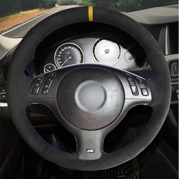 Yellow Marker Black Suede Car Steering Wheel Cover for BMW E46 E39 330i 540i 525i 530i 330Ci M3 2001-2003