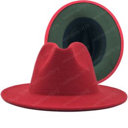 winter Outer red Inner Army Green Wool Felt Jazz Fedora Hats with Thin Belt Buckle Men Women Wide Brim Panama Trilby Cap
