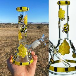 Water Bongs Yellow Bee Print Dab Rigs Percolater 14mm Bowl Stem Perc Glass Bong Water Pipe Glass Bong 7.8 inch Tall