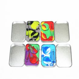 4 in 1 Tin Silicone Storage Kit Set with 2pcs 5ml Silicon Wax Container Oil Jar Base Dab Dabber Tool Metal Silver Black Box Case