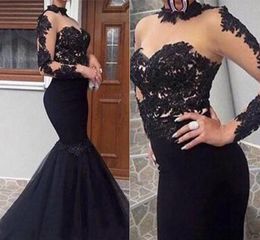 Black Sexy Prom Dresses Mermaid Lace Appliques Satin African Long Illusion Style Prom Gown Evening Dresses Robe De Soiree