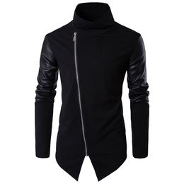 2020 New Spring Men Cotton Warm Slim Hoodies Leather Stitching Clothes Solid Colour Sweatshirts Stand Collar Outerwear Tops Y