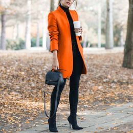 Fashion Women Wool Coat New Autumn Winter Solid Color Long Sleeve Mandarin Collar Causal Long Coat Plus Size S-5XL