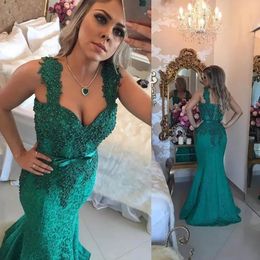 New Customize Prom Dresses Mermaid Lace Appliques Sleeveless Beadings Green Sexy Prom Gown Evening Dresses Robe De Soiree