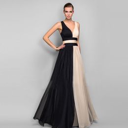 Chiffon Women Evening Dress Sexy A-line V-neck Sleeveless Formal Party Dress Black And White Lace Up Sexy Back Prom Dress In Stock