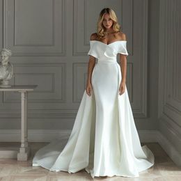 2021 Satin Mermaid Wedding Dress With Detachable Train Off Shoulder Floor Length Bride Dresses Vestido De Noiva290i