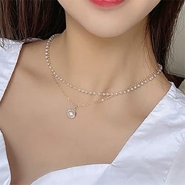 INS Fashion Pearl Choker Necklace for Women Girls Gold Colour Double Layer Chain Imitation Pearl Pendant Vintage Necklaces Statement Jewellery