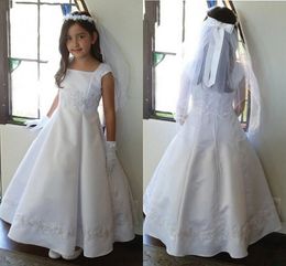 Simple Satin 2021 Flower Girl Dresses for Weddings Ankle Length Appliques Child Birthday Party Gowns Pageant First Communion Dress AL7030