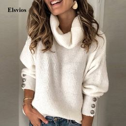 Casual Turtleneck Warm Knitted Sweater Autumn Winter Long Sleeve Pullover Tops Elegant Women Rivet Button Jumper Pull Femme 5XL Y200819