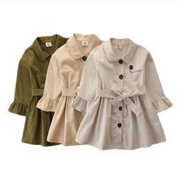 2-7T Infant Kids Baby Girls Solid Color Trench Coat Girl Fashion British Style Single-breasted Lapel Bandage Long-sleeved Coat