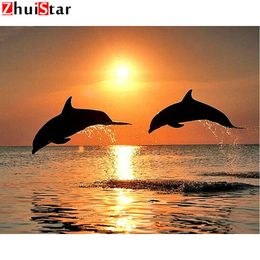 Diamond embroidery sunset scenery Diy diamond painting dolphin square rhinestones pasted Crafts Needlework Gift Home XY1