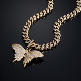 5 Colors for Options Gold Plated Bling CZ Butterfly Pendant Necklace with CZ Tennis Cuban Chain for Men Women Hot Gift