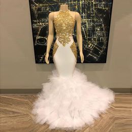 New Real Photo Mermaid Prom Dresses 2020 Long Gold Appliqued Halter Formal Evening Dress with Ruffled Tulle Skirt Turkey Party Gowns