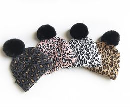 INS Children leopard knitting hats 2020 fall winter new kids big black pompom hat beret fashion boys girls warmer beanie A4100