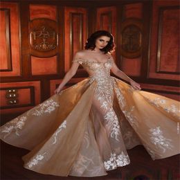 Champagne Luxury A-line Wedding Dresses With Detachable Train Off-shoulder Appliqued Lace Beads Bridal Gown Chapel Robes De Mariée