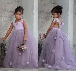 Lavender 2021 Tulle Little Girl's Pageant Party Ball Gown Pleats Flower Girl Dresses Sweep Train Kids First Communion Dress AL5752