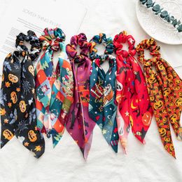 Halloween Hair Scarf Satin Ribbon Hair Scrunchies Tie Rope Elastic Bow Hair Band Ponytail Holder Scarfs Pumpkin Hairband Christmas Gift 5828