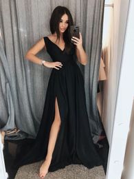 Simple V Neck Chiffon A-Line Black Prom Dresses with Slit Floor Length Cheap Party Gowns Prom Long Elegant Evening Dresses