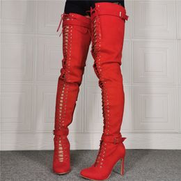 High Quality Leather Over Knee Boots Rihanna Style Thigh High Booties Sexy Pointed Toe Cross Tied Zip Woman Shoes Big Size47 52
