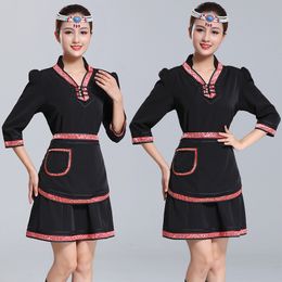 Ladies Mongolian Black robe daily wear Mongolia restaurant hotel waiter overalls Mongolian clothing dance performance clothes