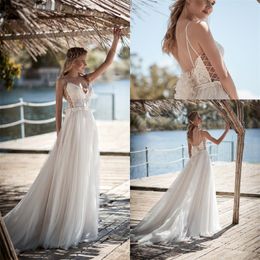 newest beach wedding dresses sexy lace up spaghetti strap backless church appliqued lace bridal gown bohemia custom made robes de marie