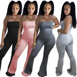 Women's Jumpsuits & Rompers Women Solid Spaghetti Strap Sleeveless Boot Cut Flare Cotton Jumpsuit High Streetwear One Piece Bell Bottoms Rom