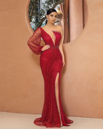 2020 Arabic Aso Ebi Red Mermaid Sparkly Evening Beaded Sheer Neck Prom Dresses Long Sleeves Formal Party Second Reception Gowns ZJ22