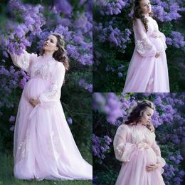 Maternity Lingerie Flush Pink Lace Applique Ladies Bride Robes High Neck Robe Long Sleeves Nightgown Custom Made Sleepwear Nightdress