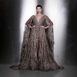 Ziad Nakad Luxury Evening Dresses With Wrap Sexy V-neck Appliqued Feather Sequins Formal Party Gowns Custom Made Sleeveless Prom Dress