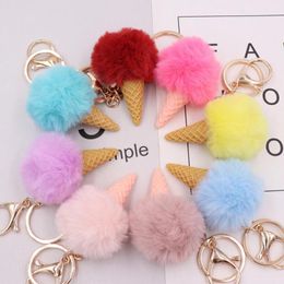 Girls Fashion Jewelry Party Favors Keychains Lovely Ice Cream Fluffy Key Ring Baby Shower Gift For Women Bags Decor