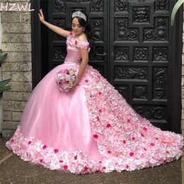 Gorgeous Pink Quinceanera Dresses 3D Floral Vestidos Sweet 15 Years Old Dress Off Shoulder Plus Size Prom Party Gowns