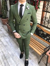 Double Breasted Groomsmen Peak Lapel Groom Tuxedos Olive Green Men Suits Wedding/Prom/Dinner Best Man Blazer ( Jacket+Pants+Tie) K521