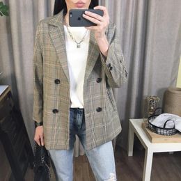 Women's Suits & Blazers 2021 Spring Women Plaid Blazer Korean Fashion Streetwear Causal Coat Double Breasted Office Ladies Houndstooth