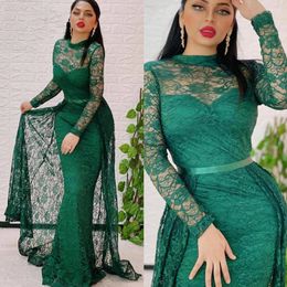 Hunter Mermaid Lace Prom Dresses With Detachable Train High Neck Long Sleeves Evening Gowns Sweep Train Formal Dress