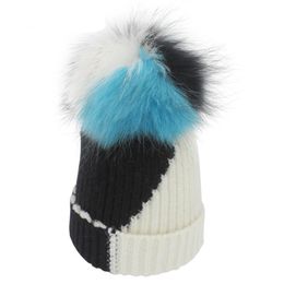 New Women Wool Beanies Real Fur Pompom Purfle Patchwork Beanies Bonnet Cap Pompon Hats Winter Hats For Women Thick Warm Skullies