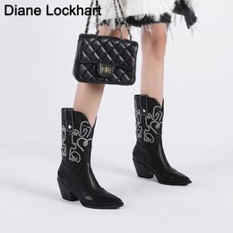 Boots Western Cowboy Womans For Women Pointy Toe Cowgirl Square Heels Knee High Retro Shoes Black Boot Brand