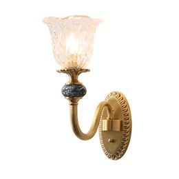 Vintage European Full Copper Ceramic Wall Lamps Simple Luxury Villa Corridor LED Indoor Lighting Clear Glass Flower Lampshade Surface mount
