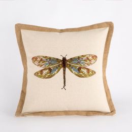 45x45cm Cotton Linen Cushion Cover Dragonfly Embroidery Living Room Sofa Pillowcase Nordic Bed Car Waist