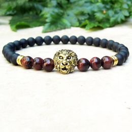 MG0718 Mens Lion Head Mala Bracelet 6 mm Red Tiger's Eye Matte Black Onyx Bracelet Yoga Tibetan Healing Strength Bracelet