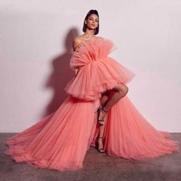 High Low Prom Dresses Layers Tulle Strapless Evening Dress Pleats Yong Girls Formal Evening Wear Robe de soiree