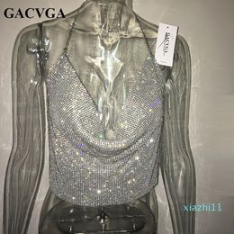Hot Sale GACVGA 2019 Handmade Crystal Tank Top Sexy Backless Summer Beach Women Crop Top Halter Camis Metal Bralette Ladies Croped Tops